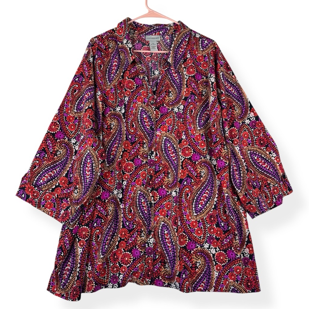 Catherines Button Down Top Womens Plus 4X Pink Purple Paisley 3/4 Sleeves